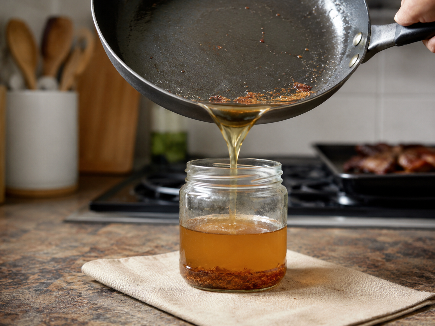 Cooking grease being poured into a glass jar instead of the kitchen sink